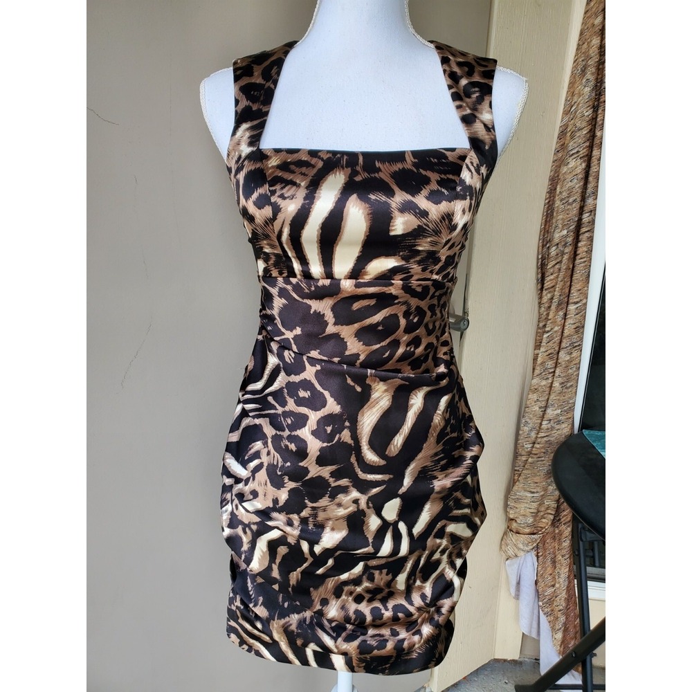Hailey Logan Adrianna Papell Leopard Print Ruched Bodycon Mini Dress Cutout Sz 4
